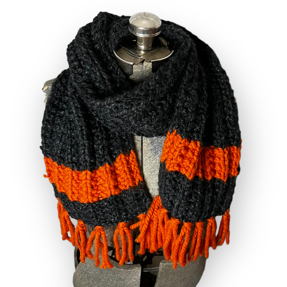 Handmade, Handknit Unisex Chunky Wool-Blend Knit Gray & Orange Scarf w/ Fringe - Picture 1 of 12
